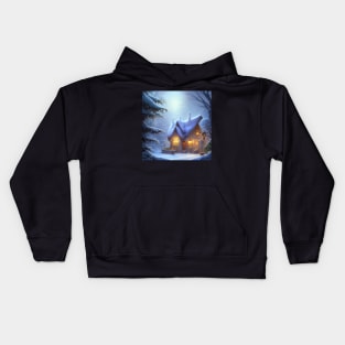 Magical Fantasy Cottage with Lights In A Snowy Scene, Scenery Nature Kids Hoodie